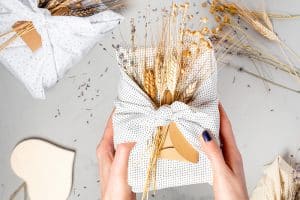 Idea for gift wrapping. Gifts are wrapped in textiles and decora