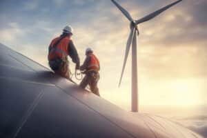 Two engineers working on the wind turbine green energy renewable