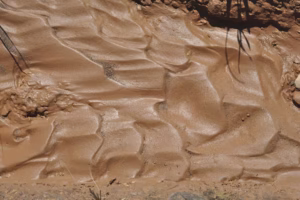 Ground surface showing rippled patterns from water erosion, highlighting issues related to groundwater depletion and climate change in the American West.