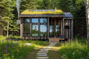 Modern cabin with a green roof surrounded by wildflowers and trees.