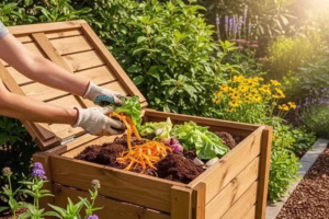 Compost bin with organic waste and biodegradable packaging in a sunny garden, demonstrating proper composting methods