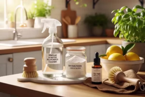 Spray bottle, jar of baking soda, essential oil, and cleaning brushes on a kitchen counter.