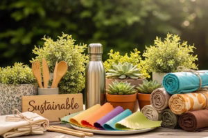A collection of eco-friendly products including reusable water bottles and beeswax wraps, promoting sustainable living