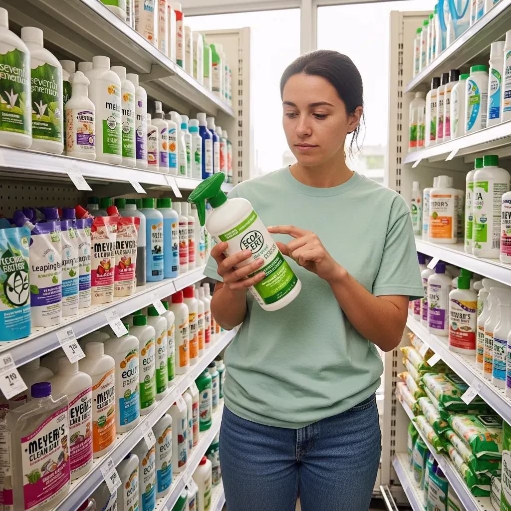 A shopper reviewing eco-friendly cleaning products in a store, focusing on certifications and ingredient lists