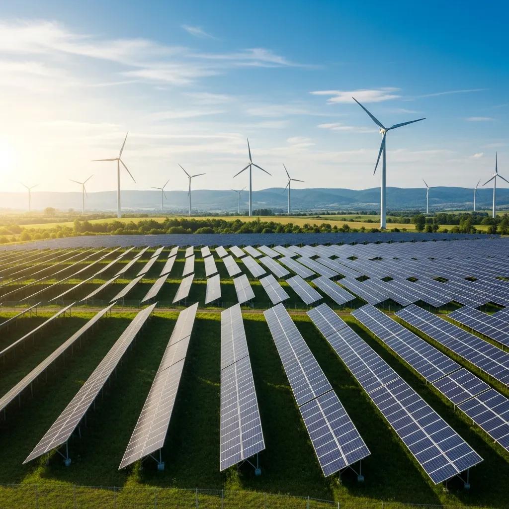 A solar farm and wind turbines representing effective renewable energy initiatives for climate mitigation
