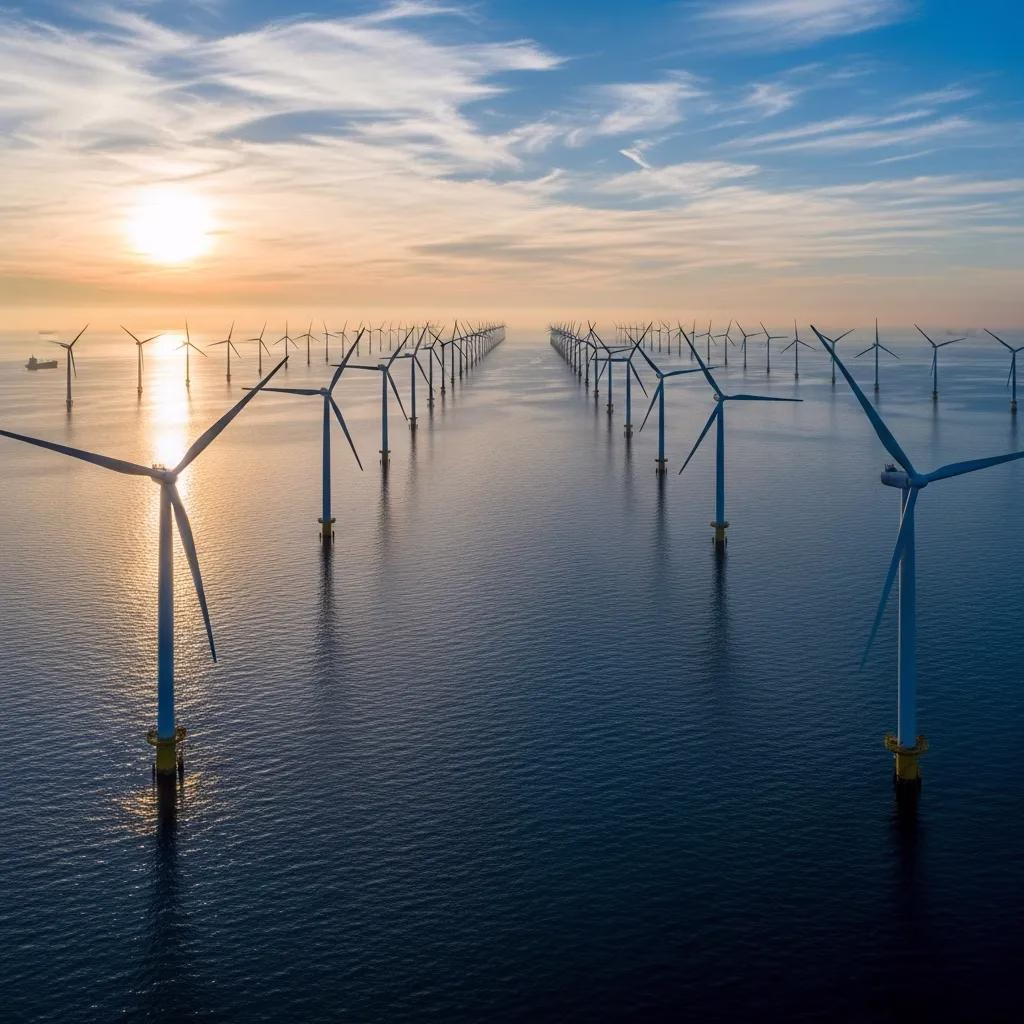 Aerial view of an offshore wind farm showcasing multiple wind turbines in the ocean