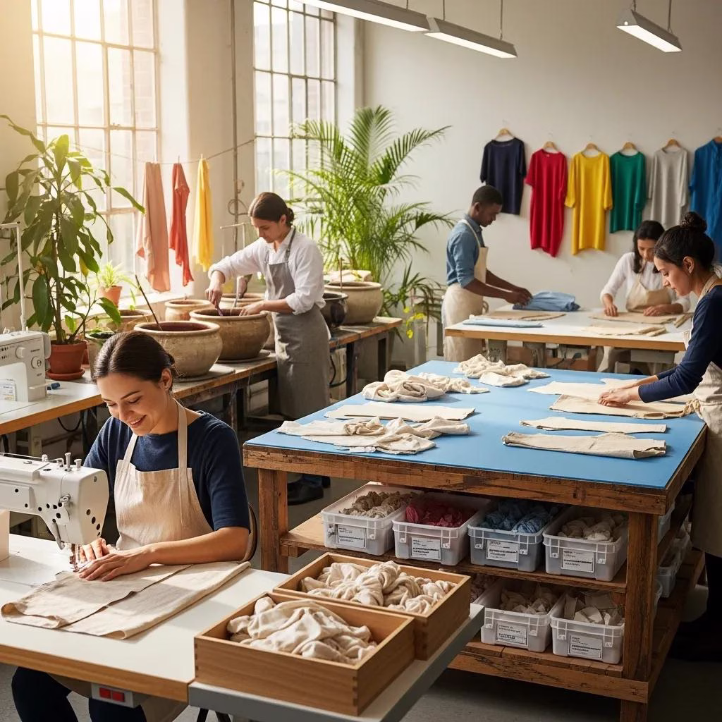Artisans ethically crafting clothing in a sustainable workshop environment