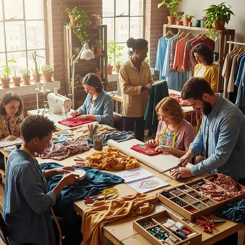 Artisans working in a fair trade workshop, highlighting ethical labor practices in fashion