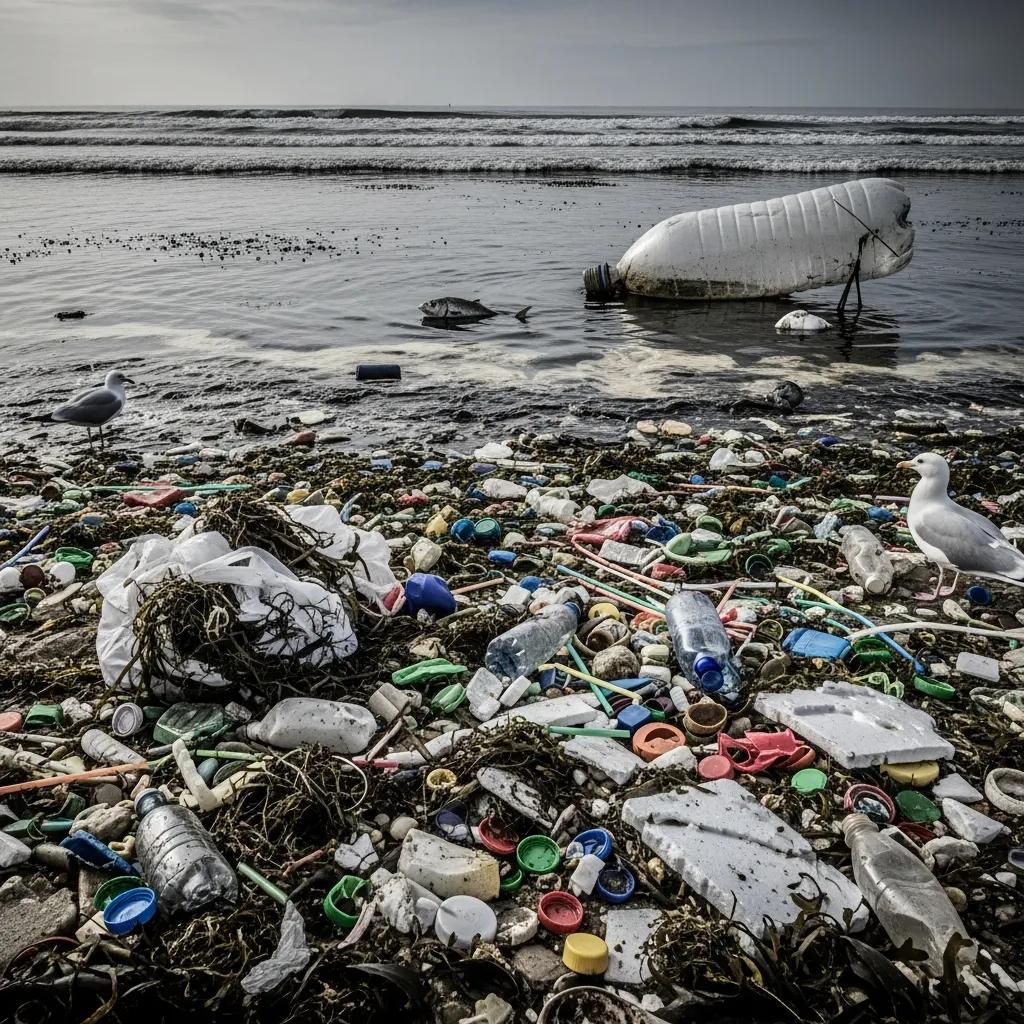 Beach littered with single-use plastics highlighting causes of ocean pollution