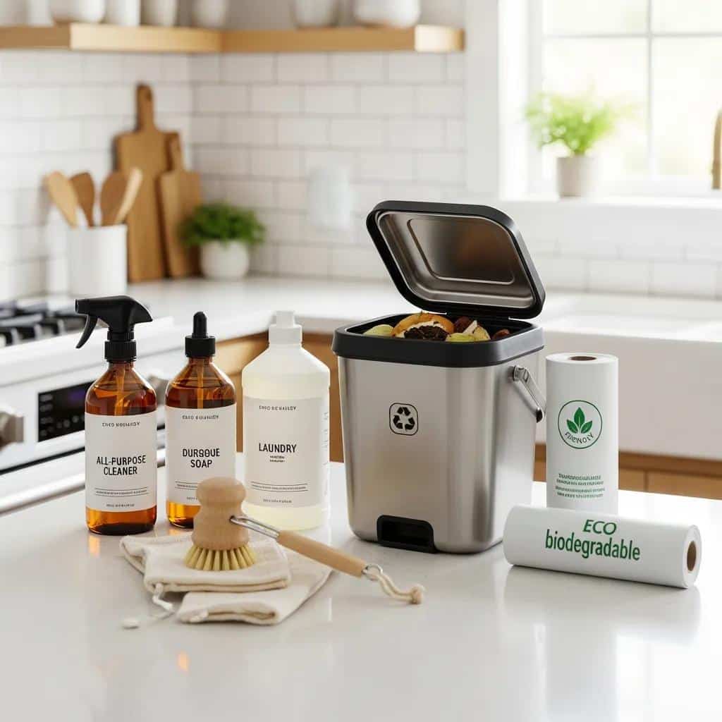 Biodegradable household items like eco-friendly cleaning products and compost bins, showcasing their environmental benefits