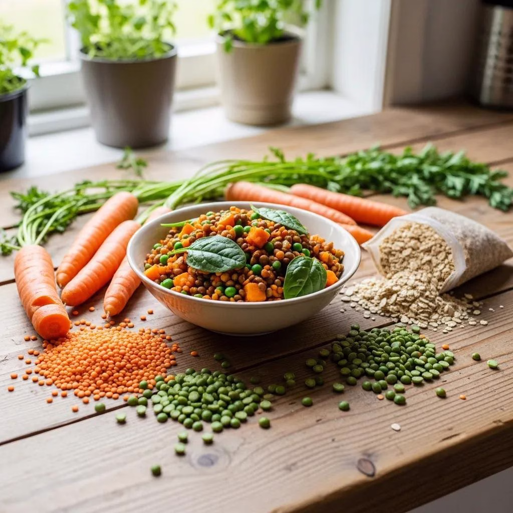 Bowl of plant-based dog food with fresh vegetables and grains on a kitchen counter