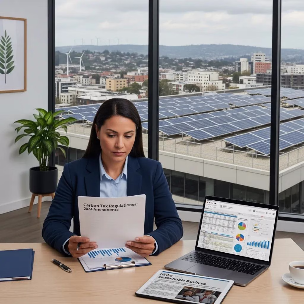 Business owner reviewing carbon tax regulations with renewable energy elements in view