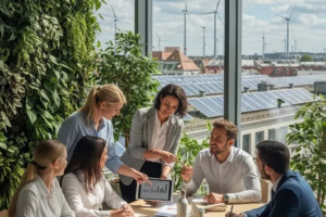 Business professionals collaborating in a green office, emphasizing sustainability and climate action