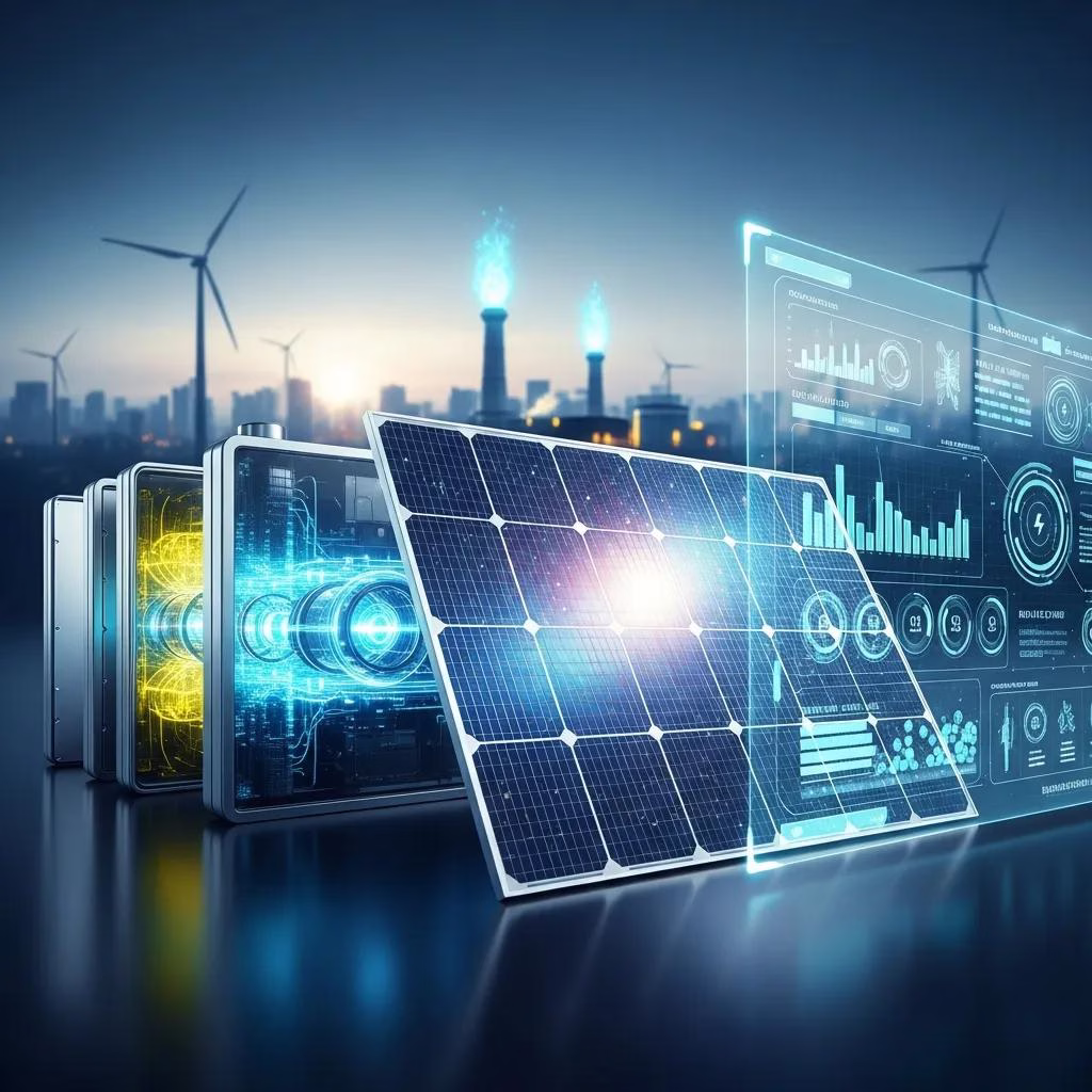 Close-up of clean energy technologies: solar cells, energy storage, and smart grid