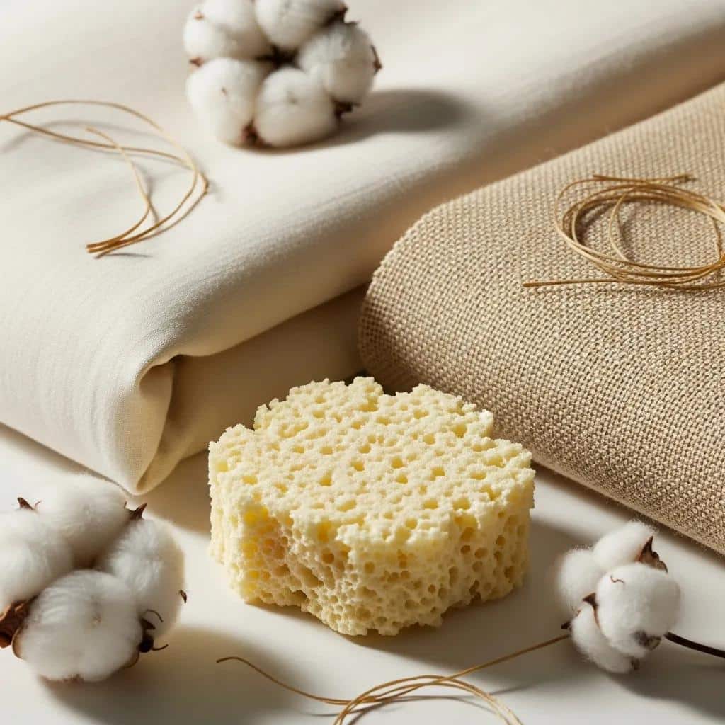 Close-up of organic bedding materials like cotton, bamboo, and latex showcasing their natural textures