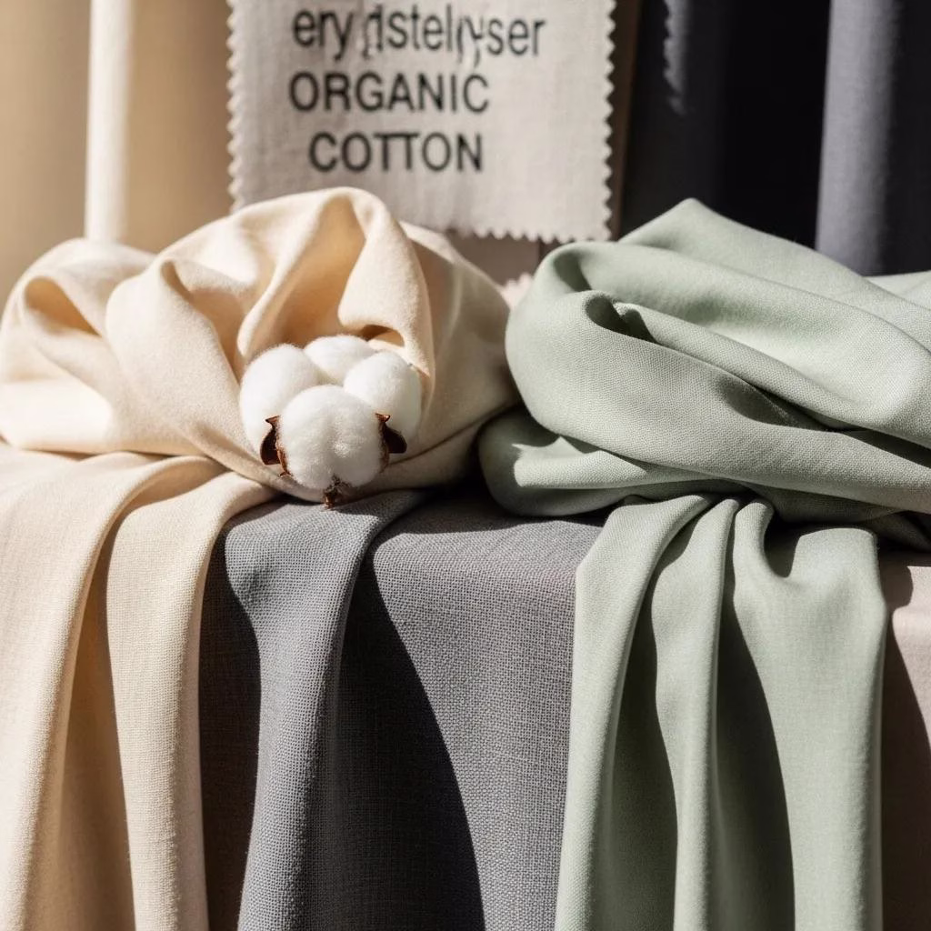 Close-up of sustainable fabrics including organic cotton, recycled polyester, and Tencel