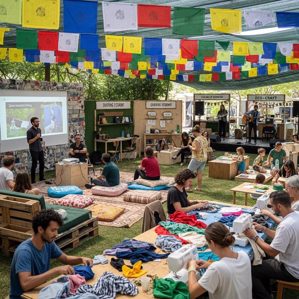 Community gathering focused on zero waste practices, with participants sewing and crafting from upcycled materials; colorful flags overhead, presentation on sustainable living in background.
