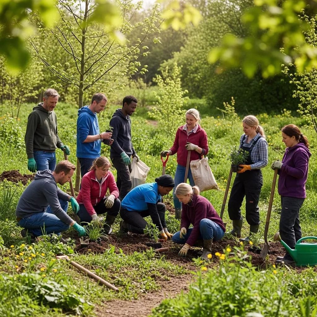 Community members engaging in rewilding efforts by planting native species