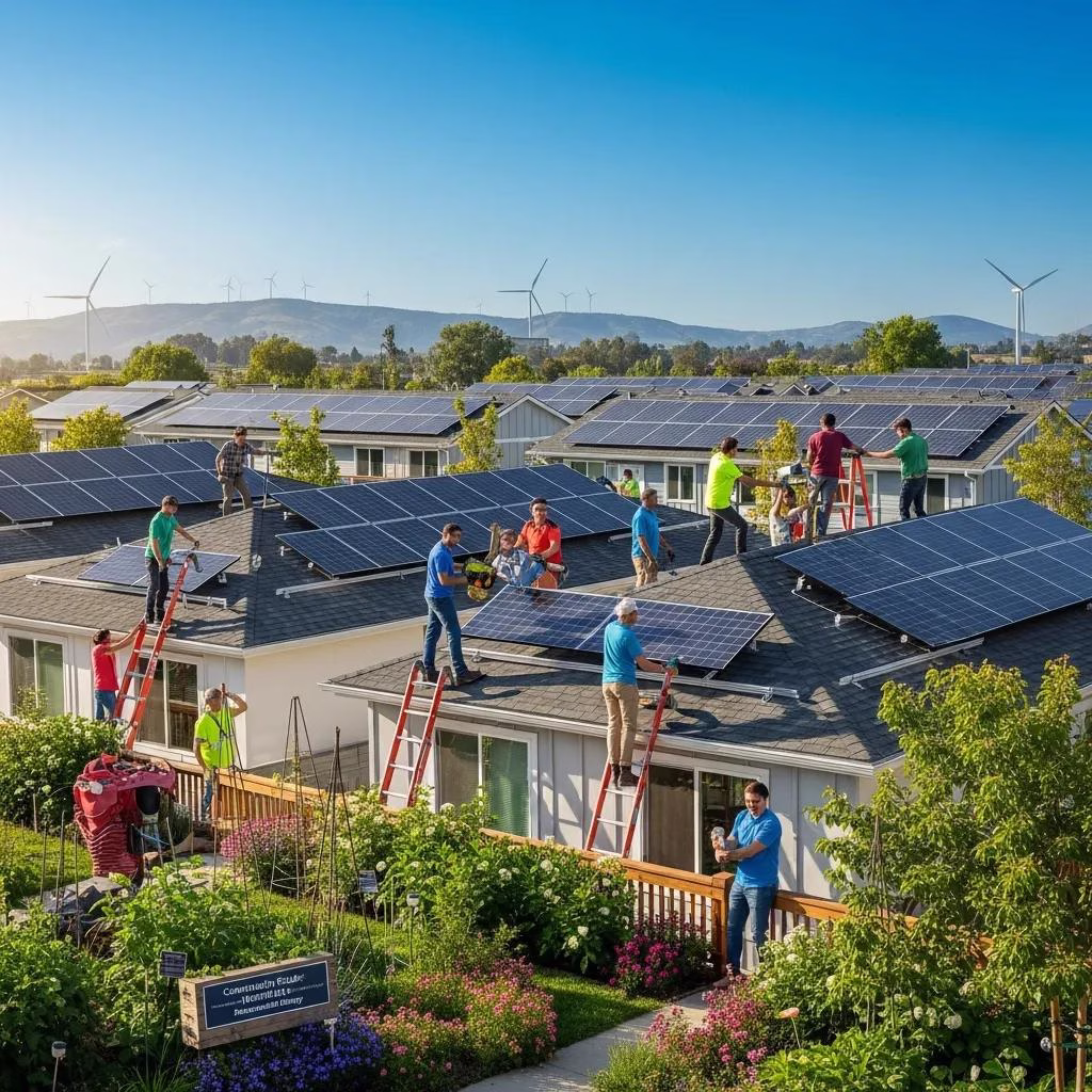 Community members installing solar panels on rooftops, showcasing renewable energy adoption and government incentives, with wind turbines in the background.