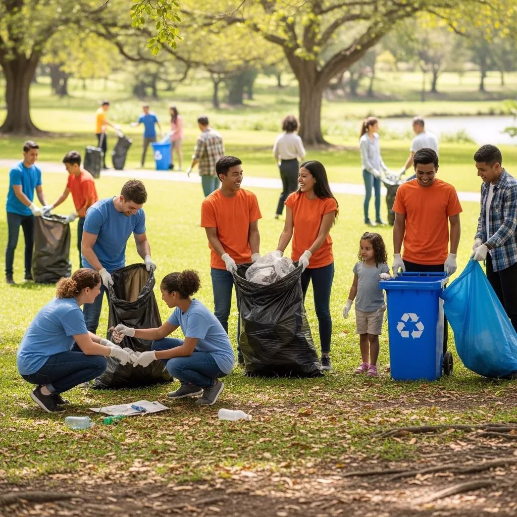 Community members participating in a clean-up event, promoting waste reduction initiatives