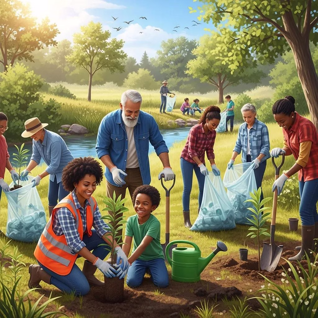 Community members participating in habitat restoration and conservation activities