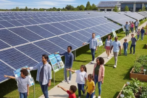Community solar farm with diverse individuals enjoying renewable energy benefits