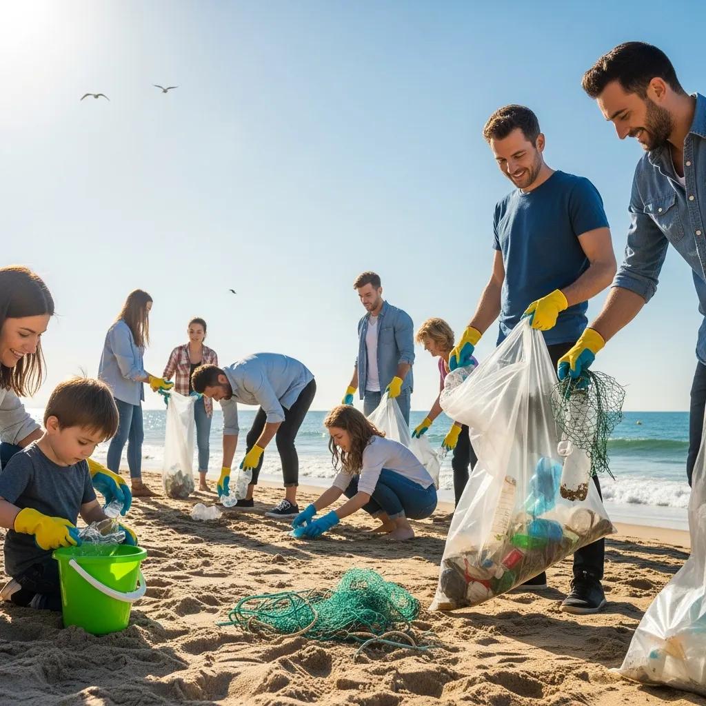 Community volunteers participating in a beach cleanup to combat plastic pollution