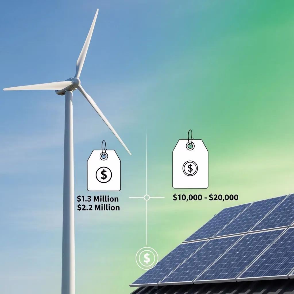 Comparison of wind energy and solar energy costs with visual elements representing installation expenses