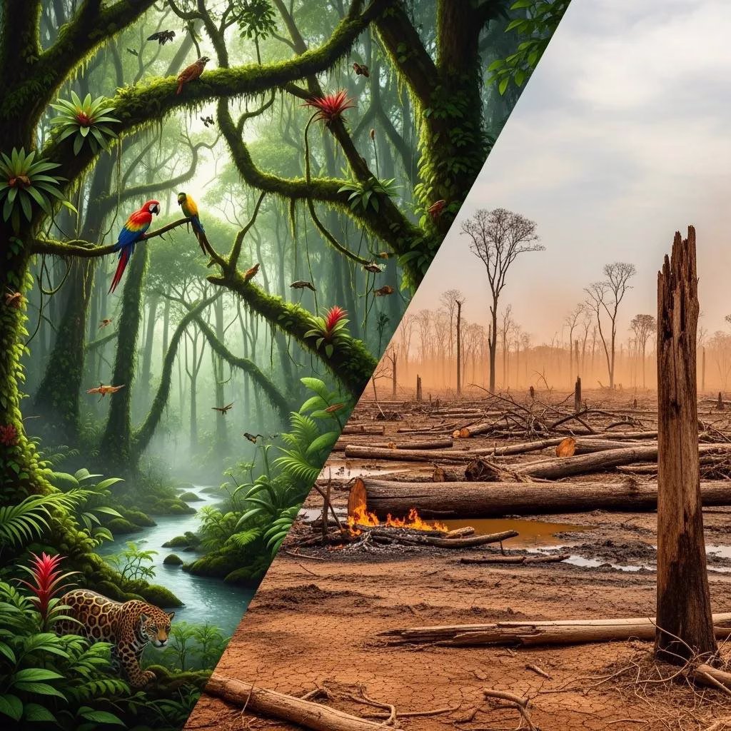 Contrast between a thriving forest and deforested land illustrating the impact of habitat loss