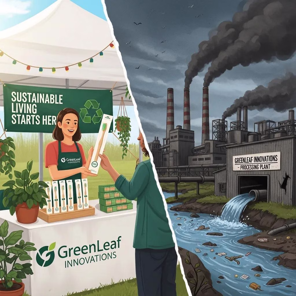 Contrast between genuine sustainability efforts and greenwashing tactics in corporate practices