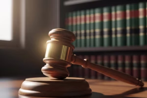 Courtroom scene with a gavel symbolizing climate litigation against fossil fuel companies
