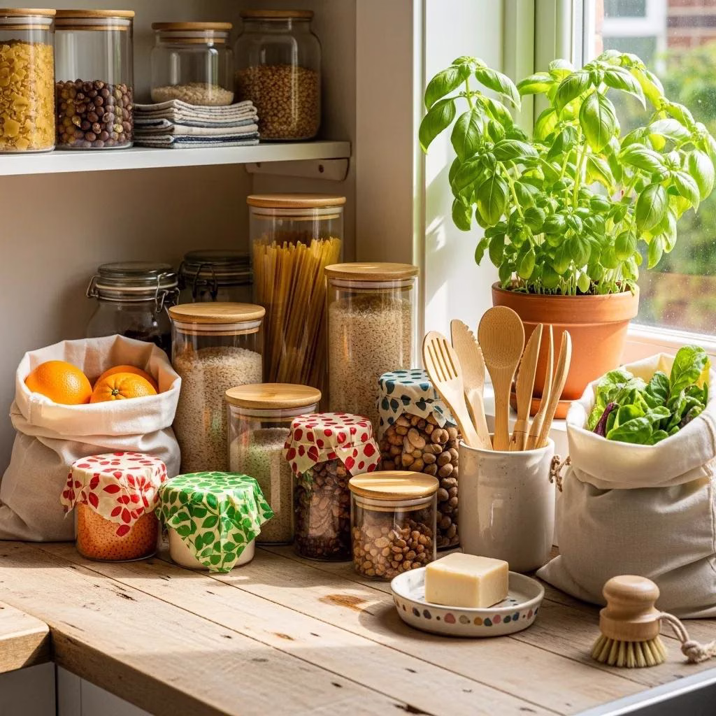 Cozy kitchen with zero waste products like glass containers and beeswax wraps