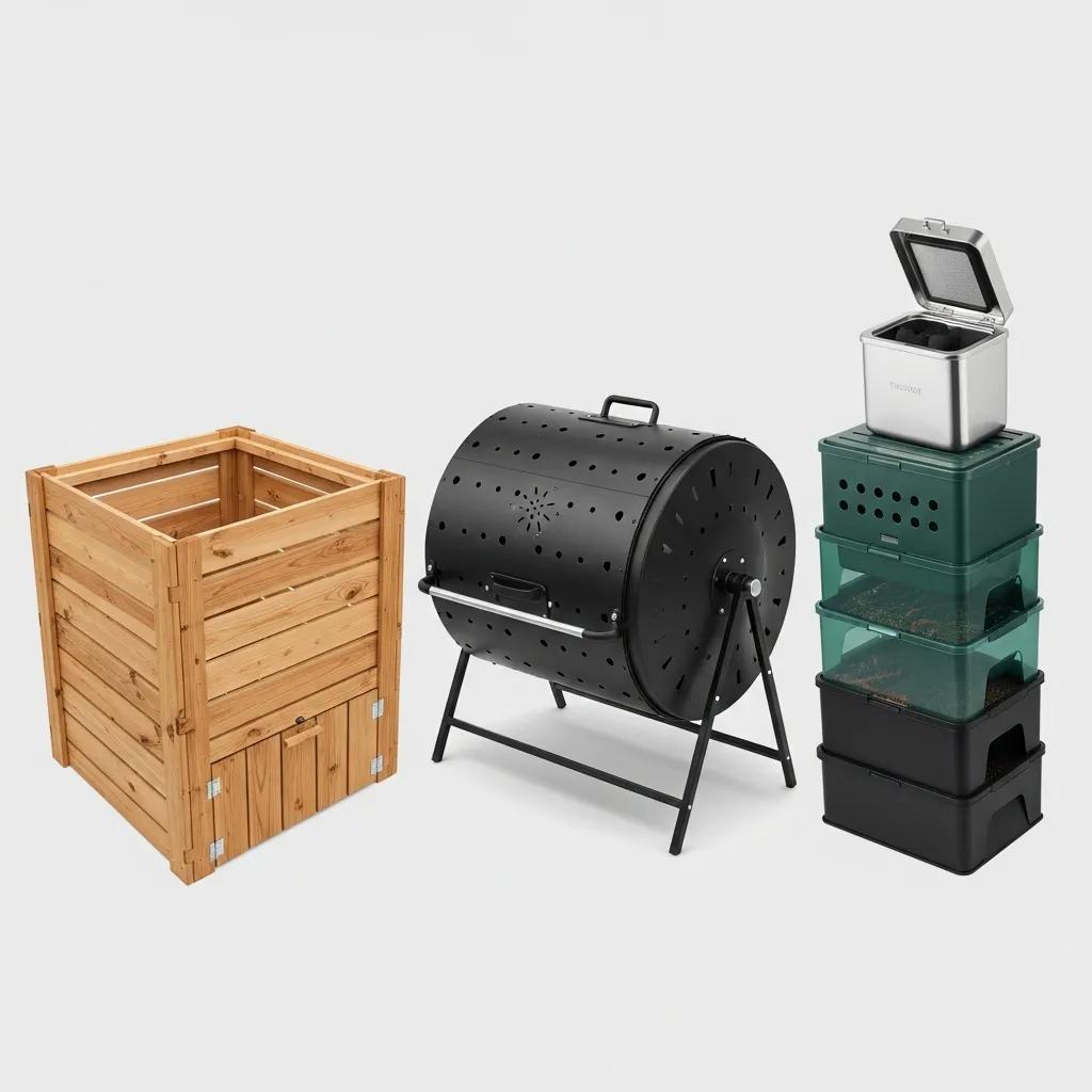 Different types of compost bins including traditional, tumbler, worm, and countertop bins