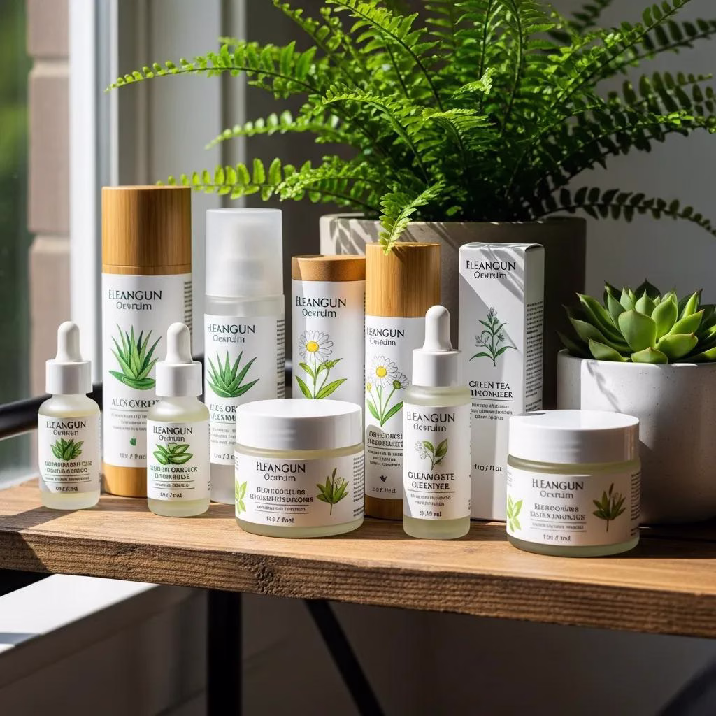 Display of clean beauty products with natural ingredients and eco-friendly packaging on a wooden shelf