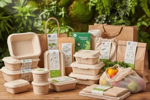 Diverse biodegradable packaging options displayed on a wooden table with greenery, highlighting eco-friendly materials