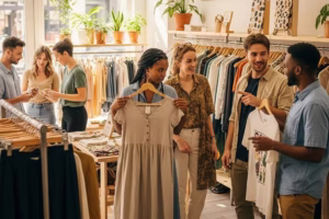 Diverse consumers shopping for sustainable fashion in an eco-friendly store