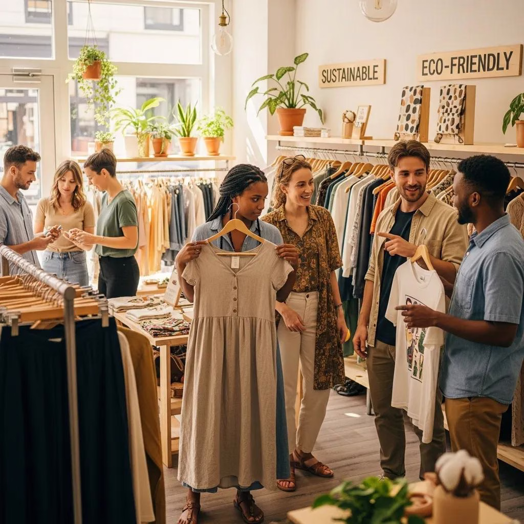 Diverse consumers shopping for sustainable fashion in an eco-friendly store