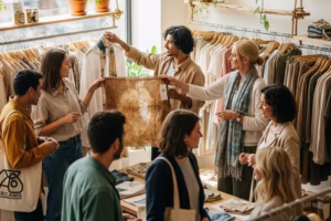 Diverse eco-conscious consumers shopping for sustainable fashion in a stylish boutique
