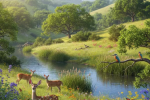 Diverse ecosystem landscape highlighting rewilding efforts with native wildlife