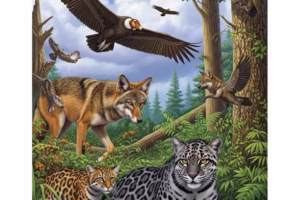 Diverse endangered species including California Condor, Red Wolf, and Florida Panther in their natural habitats
