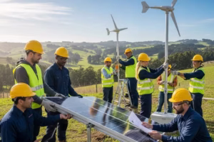 Diverse group collaborating on renewable energy solutions, emphasizing teamwork in climate action