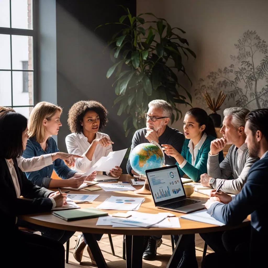 Diverse group discussing climate change policies with documents and a globe, emphasizing collaboration in environmental initiatives