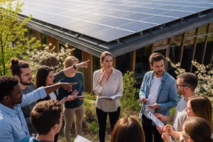 Diverse group discussing solar panel installation, emphasizing clean energy solutions