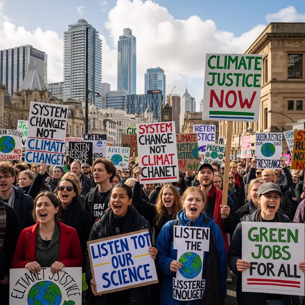 Diverse group of activists holding signs for climate justice in a public demonstration