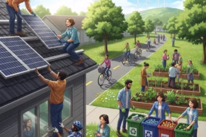 Diverse group of people engaging in sustainable practices like solar energy installation and recycling