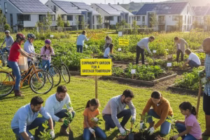 Diverse group of people participating in sustainable practices like tree planting and using solar panels