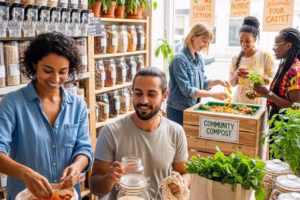 Diverse group practicing zero waste lifestyle with reusable bags and eco-friendly products