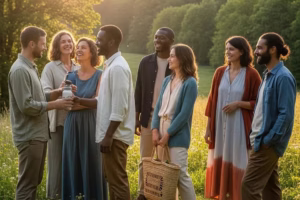 Diverse group wearing eco-friendly clothing in a natural setting, promoting sustainable fashion