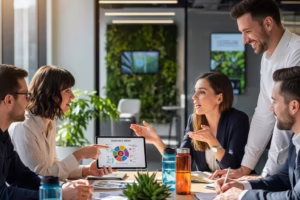 Diverse professionals collaborating on corporate sustainability initiatives in a modern office