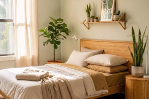 Eco-friendly bedroom with organic cotton bedding and bamboo furniture promoting sustainable sleep